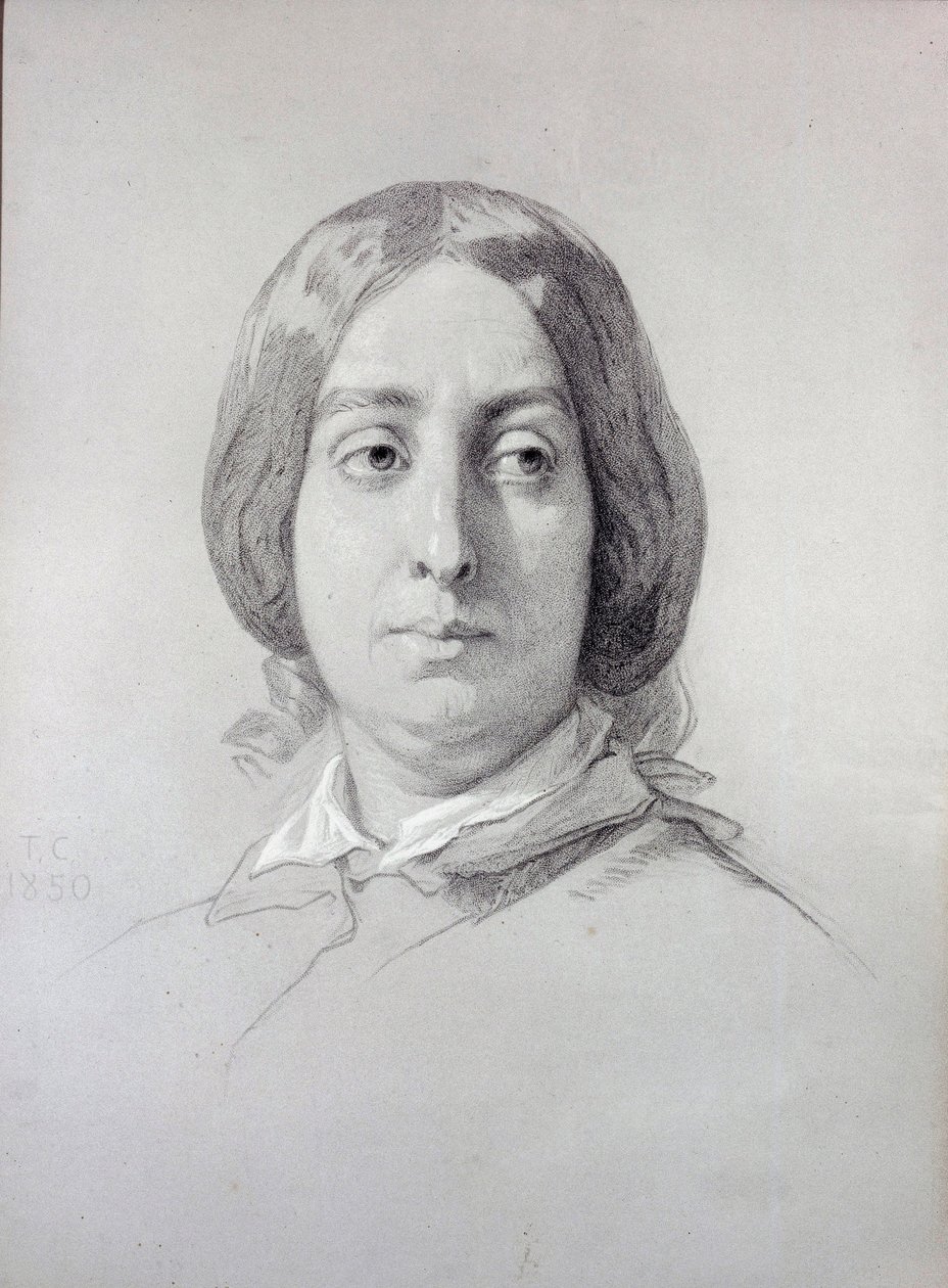 Kirjeiden naisen muotokuva George Sand (1804-1876) Aurore Dupin, Baronne Dudevant Thomas Couture (1815-1879) piirustus 1844 Pariisi, Romanttisen elämän museo tekijältä Thomas Couture