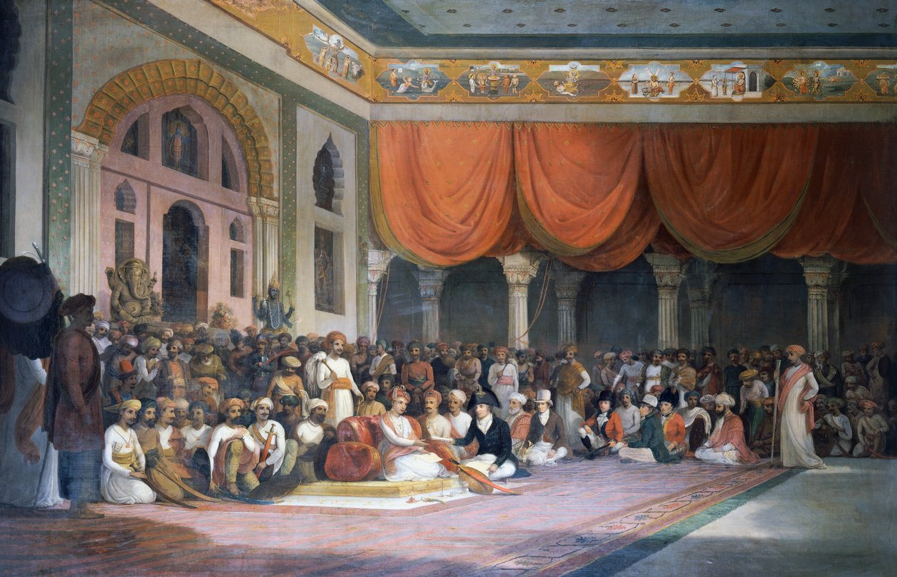 Charles Warre Malet teki sopimuksen Maratha-valtakunnan Peshwan kanssa vuonna 1790 Durbarissa tekijältä Thomas Daniell