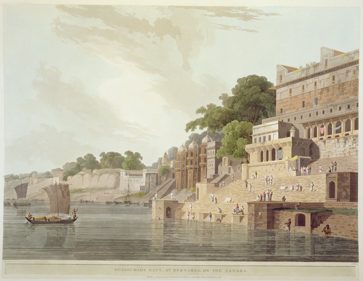 Dusasumade Gaut, Benaresissa Ganges-joen varrella, lähteestä "Oriental Scenery: Twenty Four Views in Hindoostan", 1796. tekijältä Thomas Daniell