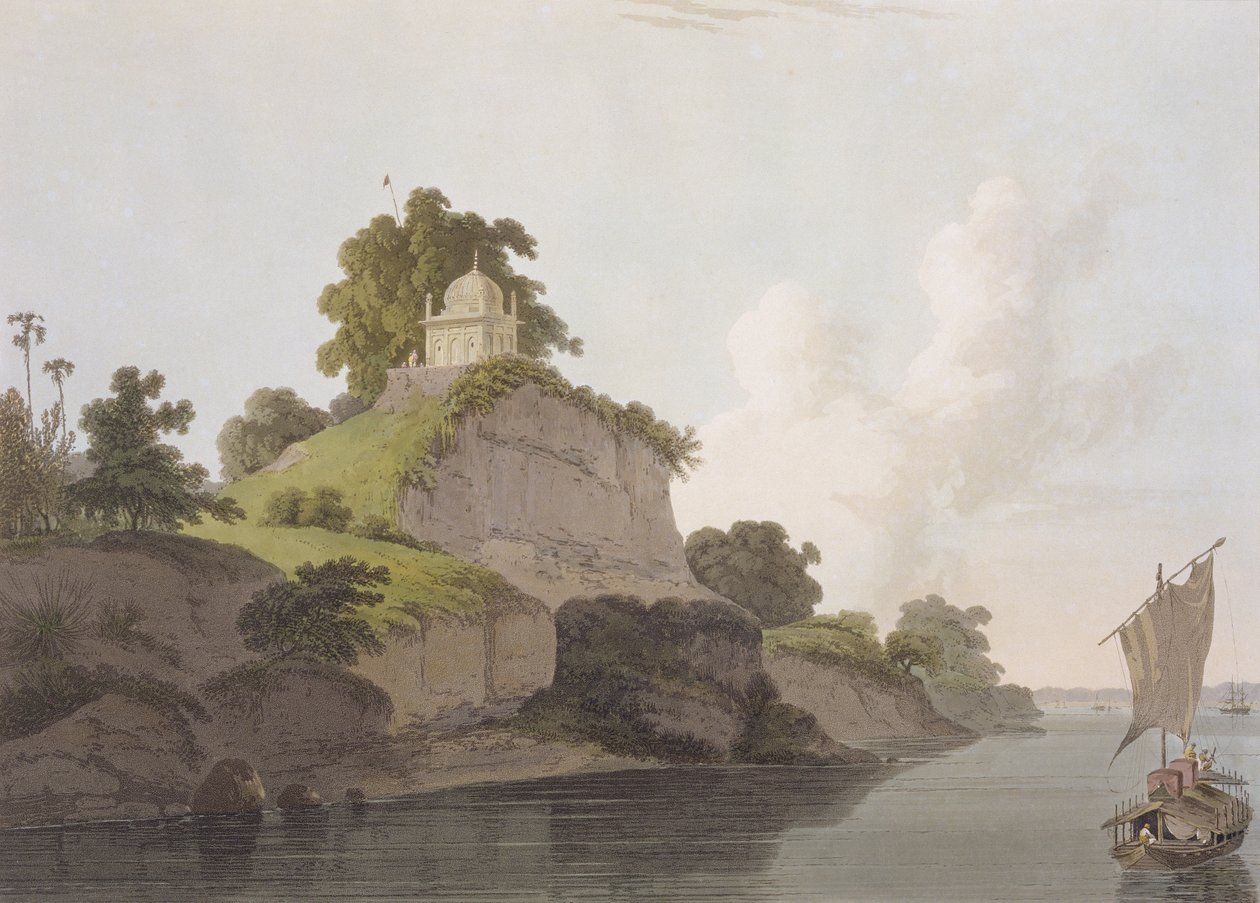 Hindoo-temppeli lähellä Currahia, Ganges-joella, elokuvasta "Itämainen maisema: Kaksikymmentäneljä näkymää Hindoostanissa", 1796 tekijältä Thomas Daniell