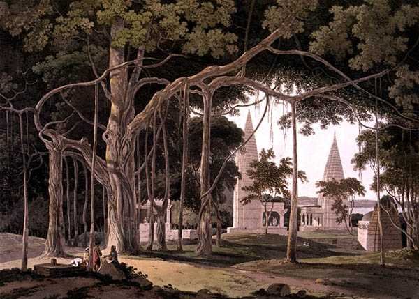 Hindutemppelit Agoureessa, Soane-joen varrella, Baharissa, teoksesta "Oriental Scenery: Twenty Four Views in Hindoostan