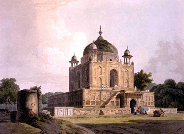 Sultan Purveizin mausoleumi, lähellä Allahabadia, elokuvasta "Itämainen maisema: kaksikymmentäneljä näkymää Hindoostanissa" tekijältä Thomas Daniell