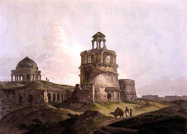 Muinaisen rakennuksen jäännökset lähellä Firoz Shahin Cotillaa, Delhi, elokuvasta "Oriental Scenery: Twenty Four Views in Hindoostan" tekijältä Thomas Daniell