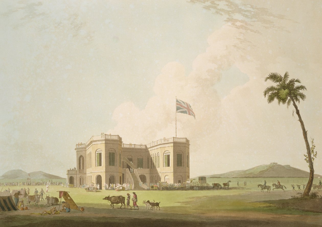 Assembly Rooms on the Race Ground lähellä Madrasia, levy 37 teoksesta "Oriental Scenery: Twenty Four Views in Hindoostan", kaiverrettu Thomas ja William (1769-1837) Daniell, julkaistu 1798. tekijältä Thomas Daniell