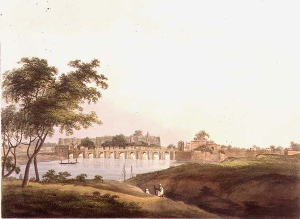Silta Juonporessa, Bengalissa, kaiverrus H. Merke (fl.1800-20) pub. kirjoittanut Edward Orme (1774-n. 1820) 1804 (litho) tekijältä Thomas Daniell