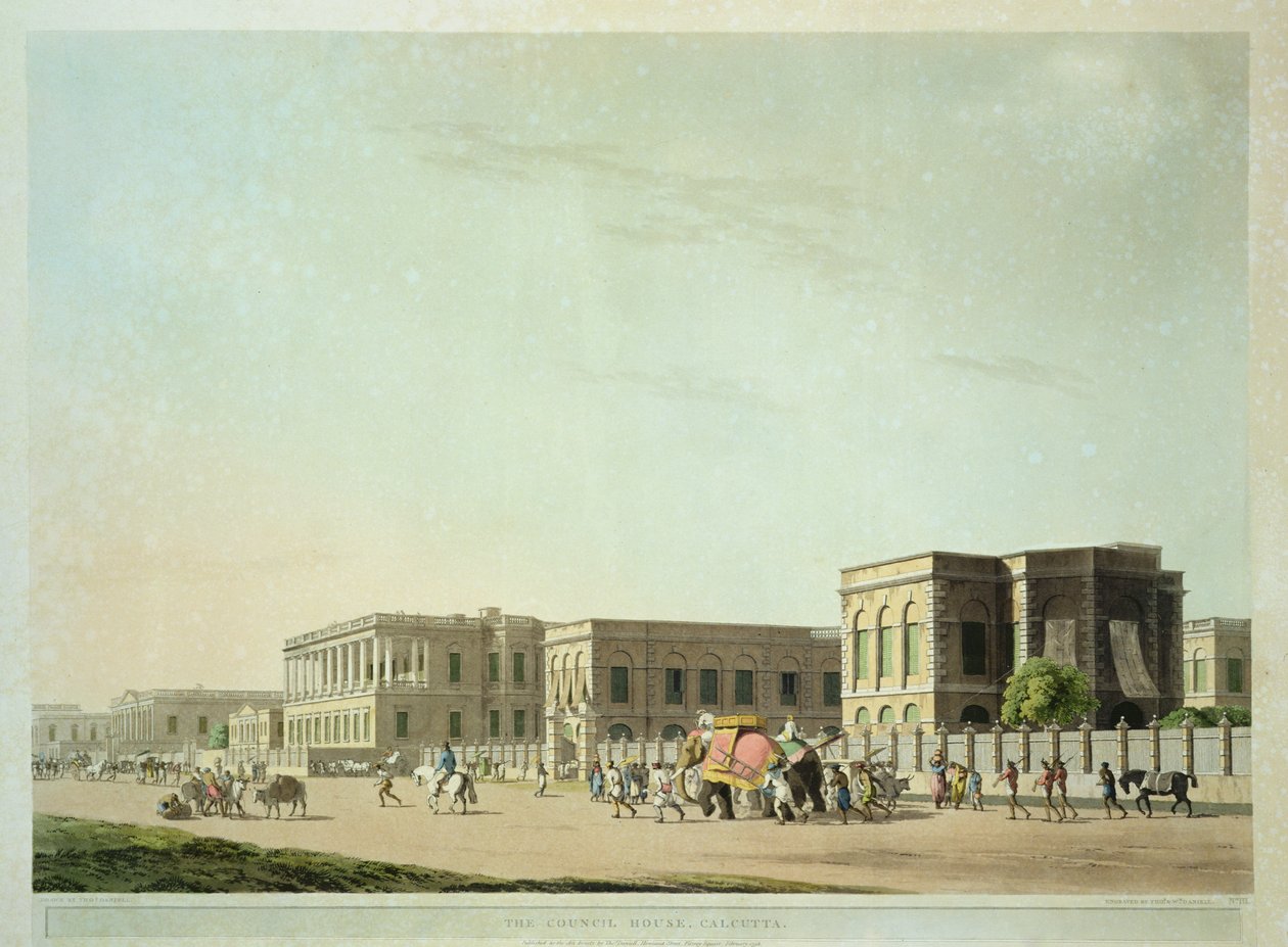 The Council House, Kalkutta, levy 29 teoksesta Oriental Scenery: Twenty Four Views in Hindoostan, kaiverrus Thomas ja William (1769-1837) Daniell, 1798 tekijältä Thomas Daniell