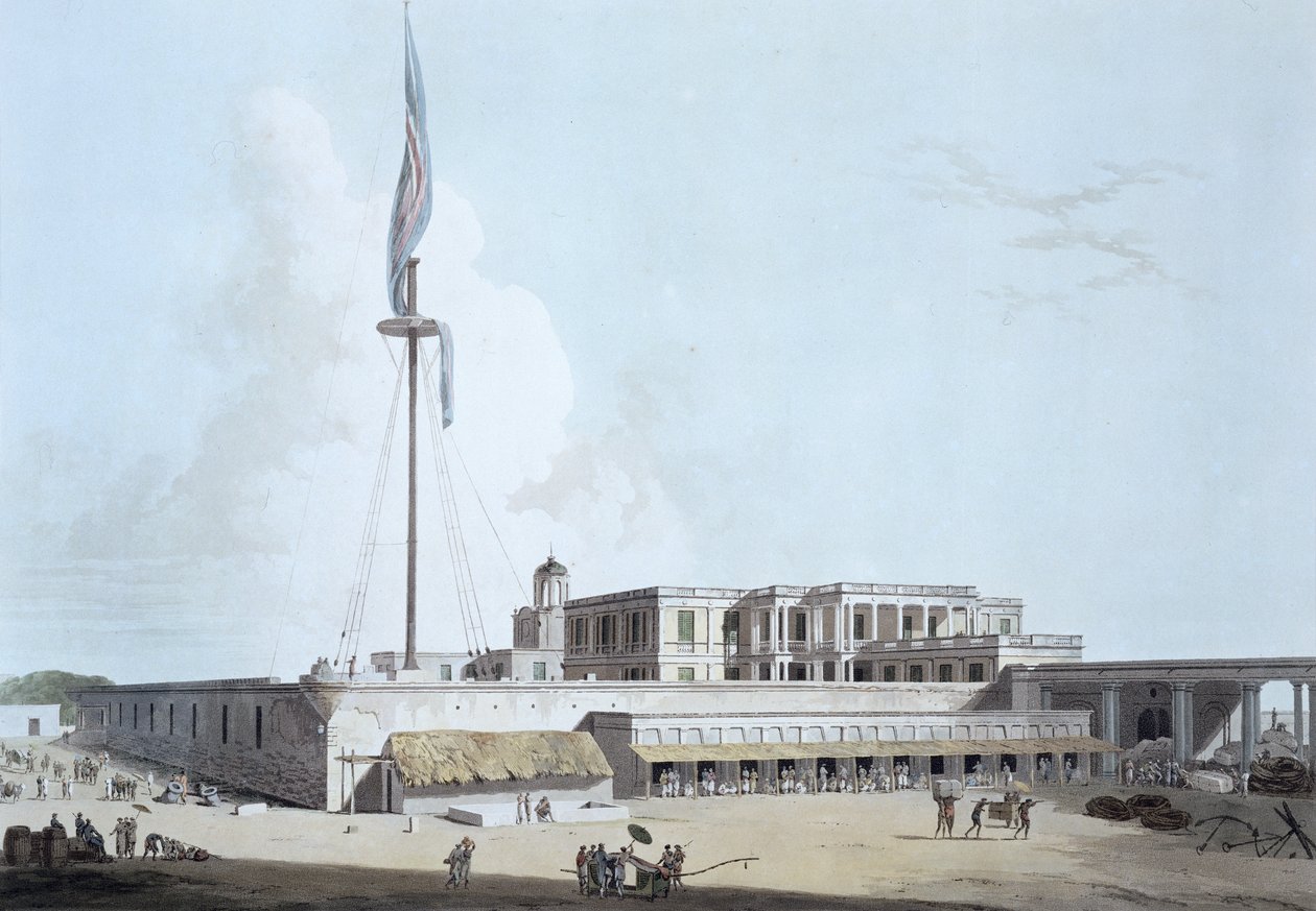 Hallituksen talo, Fort St. George, levy 35 teoksesta Oriental Scenery: Twenty Four Views in Hindoostan, kaiverrus Thomas ja William (1769-1837) Daniell, 1798 tekijältä Thomas Daniell