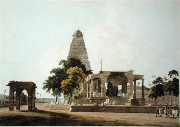 The Great Bull, An Hindoo Idol, At Tanjore, levy XXII julkaisusta Oriental Scenery, julkaistu 1798 (värillinen akvatinta) tekijältä Thomas Daniell