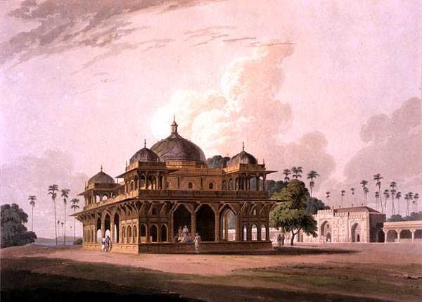 Mucdoom Shah Dowlutin mausoleumi Moneahissa Soane-joen varrella elokuvasta Oriental Scenery: Twenty Four Views in Hindoostan tekijältä Thomas Daniell