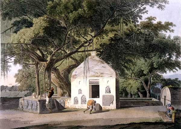 Hindujen pyhä puu Gyahissa, Baharissa, elokuvasta Oriental Scenery: Twenty Four Views in Hindoostan tekijältä Thomas Daniell