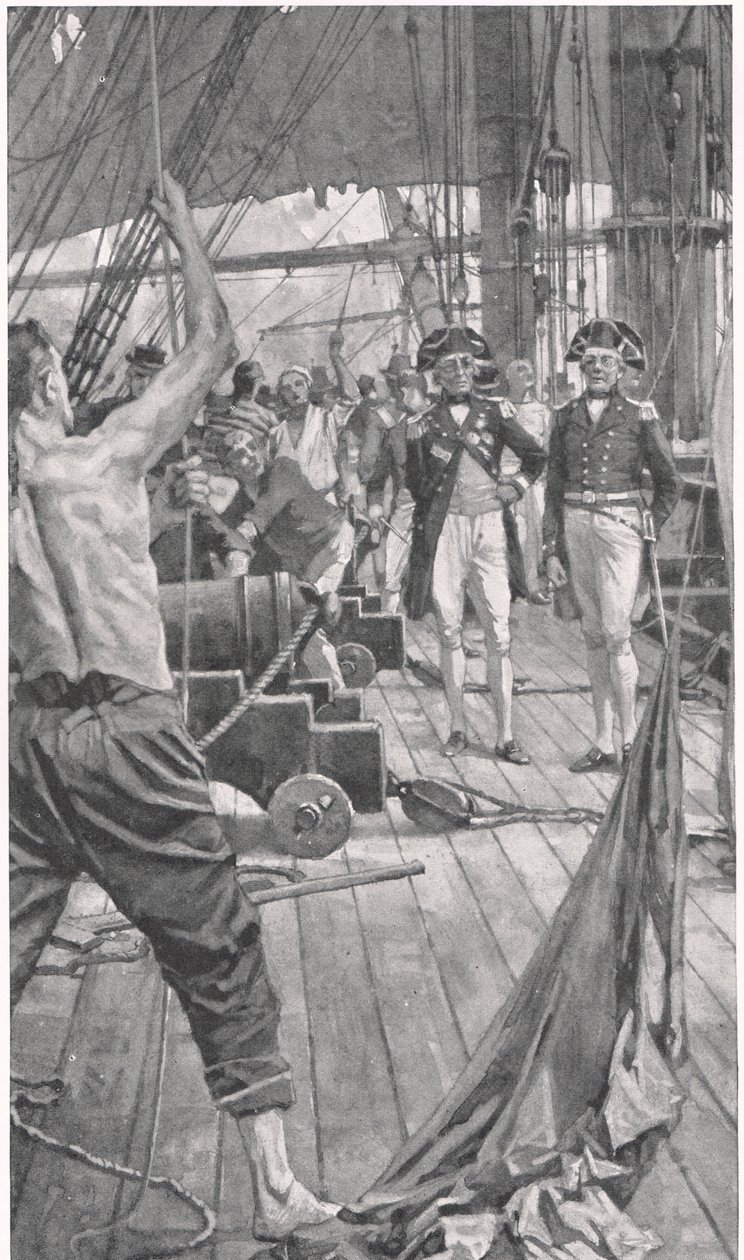 Hoisting the Famous Signal, kuvitus julkaisusta "British Battles on Land and Sea", julkaisija Cassell, Lontoo, n. 1910 tekijältä Thomas Davidson