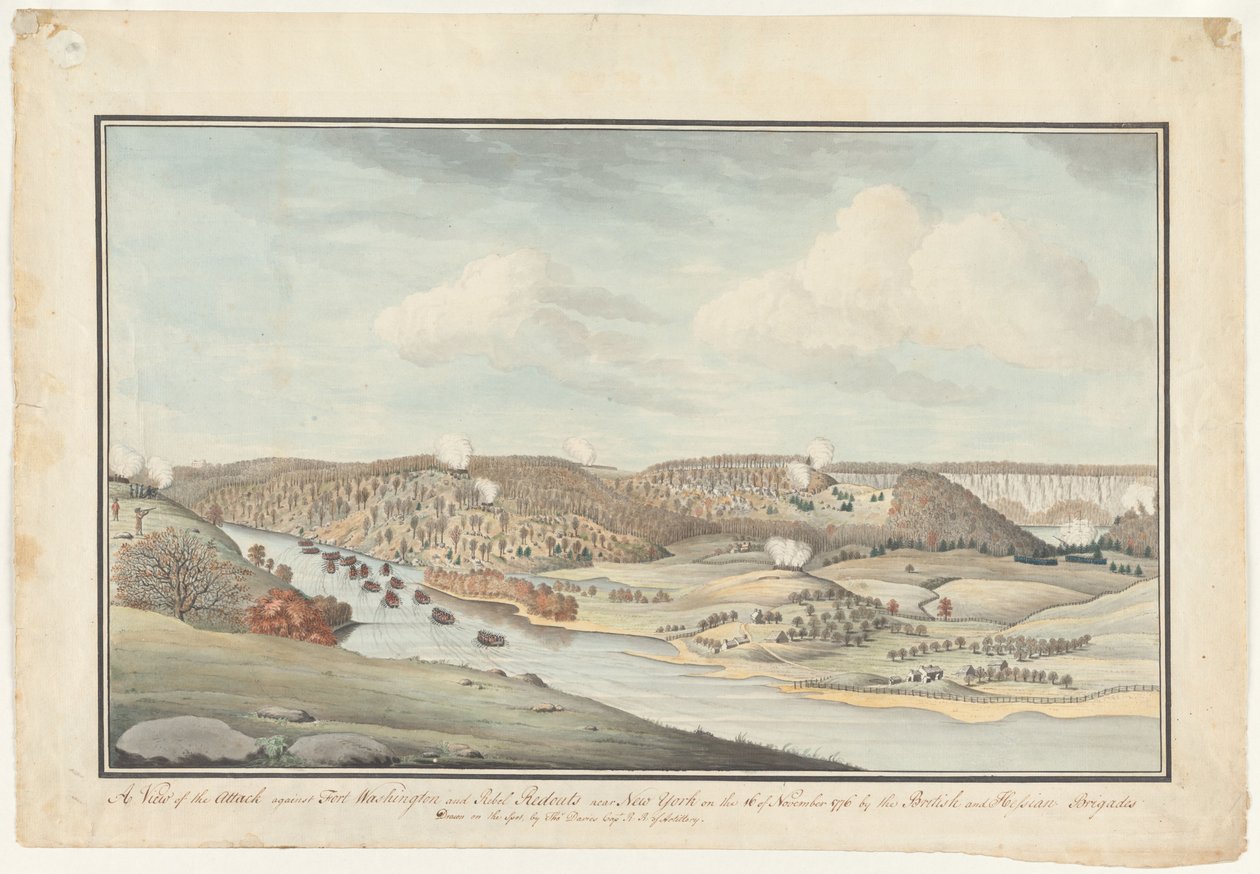 Hyökkäys Washingtonin linnaketta vastaan, noin 1776-1812 (vesiväri) tekijältä Thomas Davies