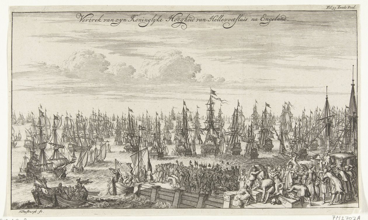 Hellevoetsluisin William III:n lähtö Englantiin 1688 Hänen kuninkaallisen korkeutensa Hellevoetsluisin lähtö Englannin jälkeen (otsikko esineessä) tekijältä Thomas Doesburgh
