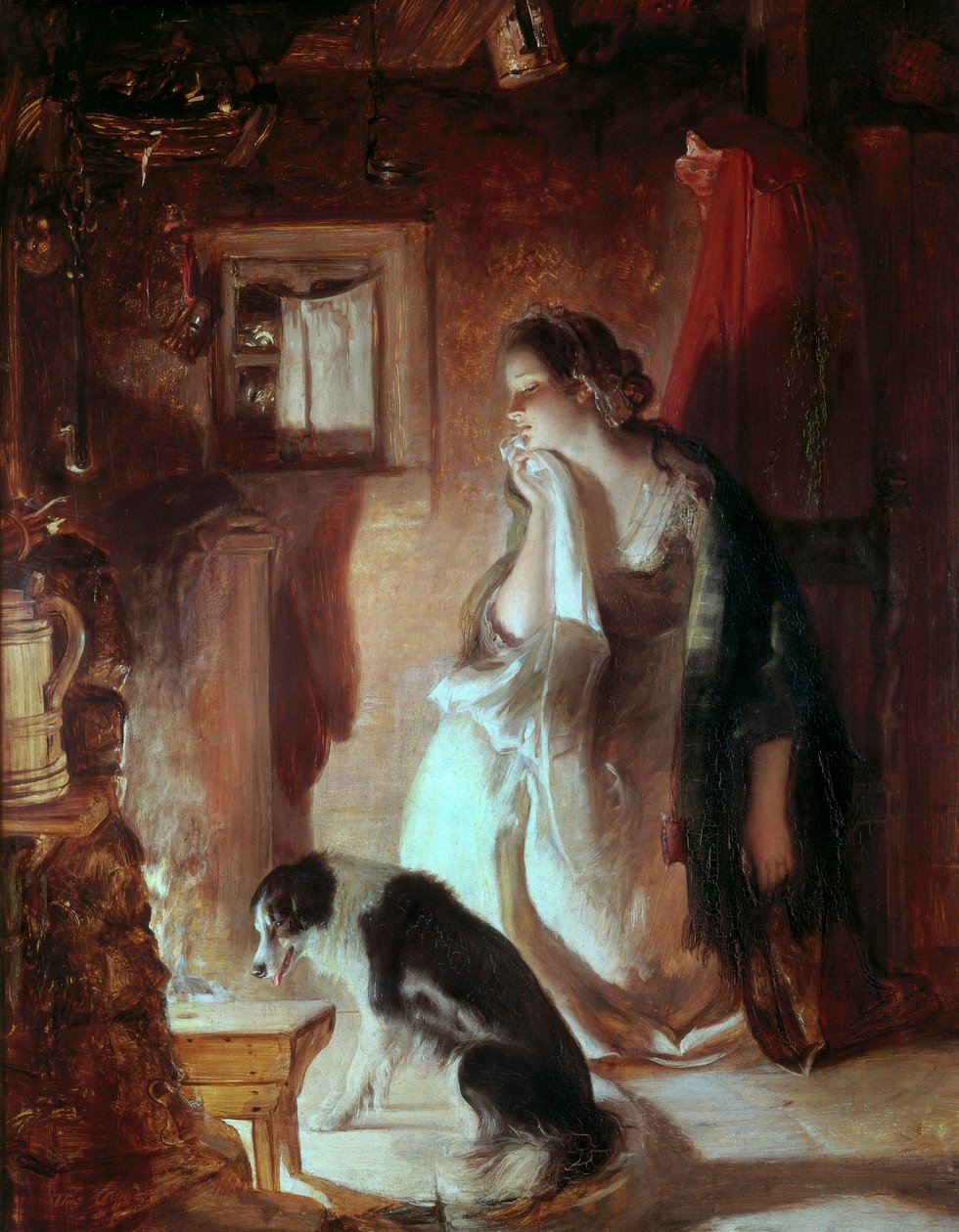 Surullinen sydän, Nuori nainen tulen ääressä, surulliset kasvot surun takia. Thomas Duncanin (1807-1845) maalaus Victoria and Albert Museum, Lontoo tekijältä Thomas Duncan