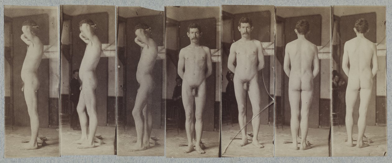 Valokuvia seisovasta alastomasta miesmallista ("Joseph Smith") tekijältä Thomas Eakins