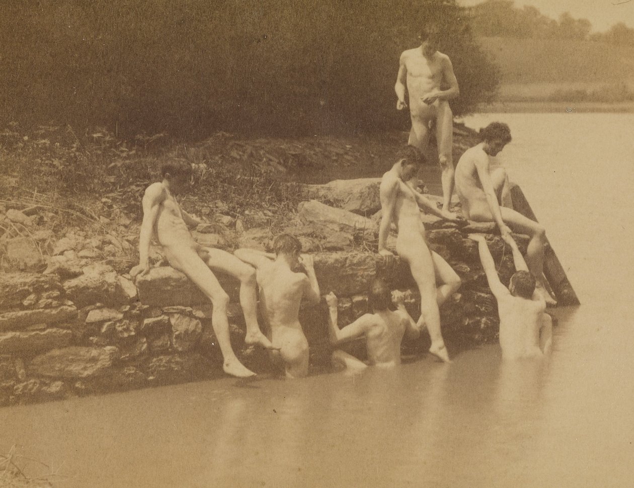 Thomas Eakins ja miesalastonmallit teoksen "Swimming" kuvauspaikalla tekijältä Thomas Eakins