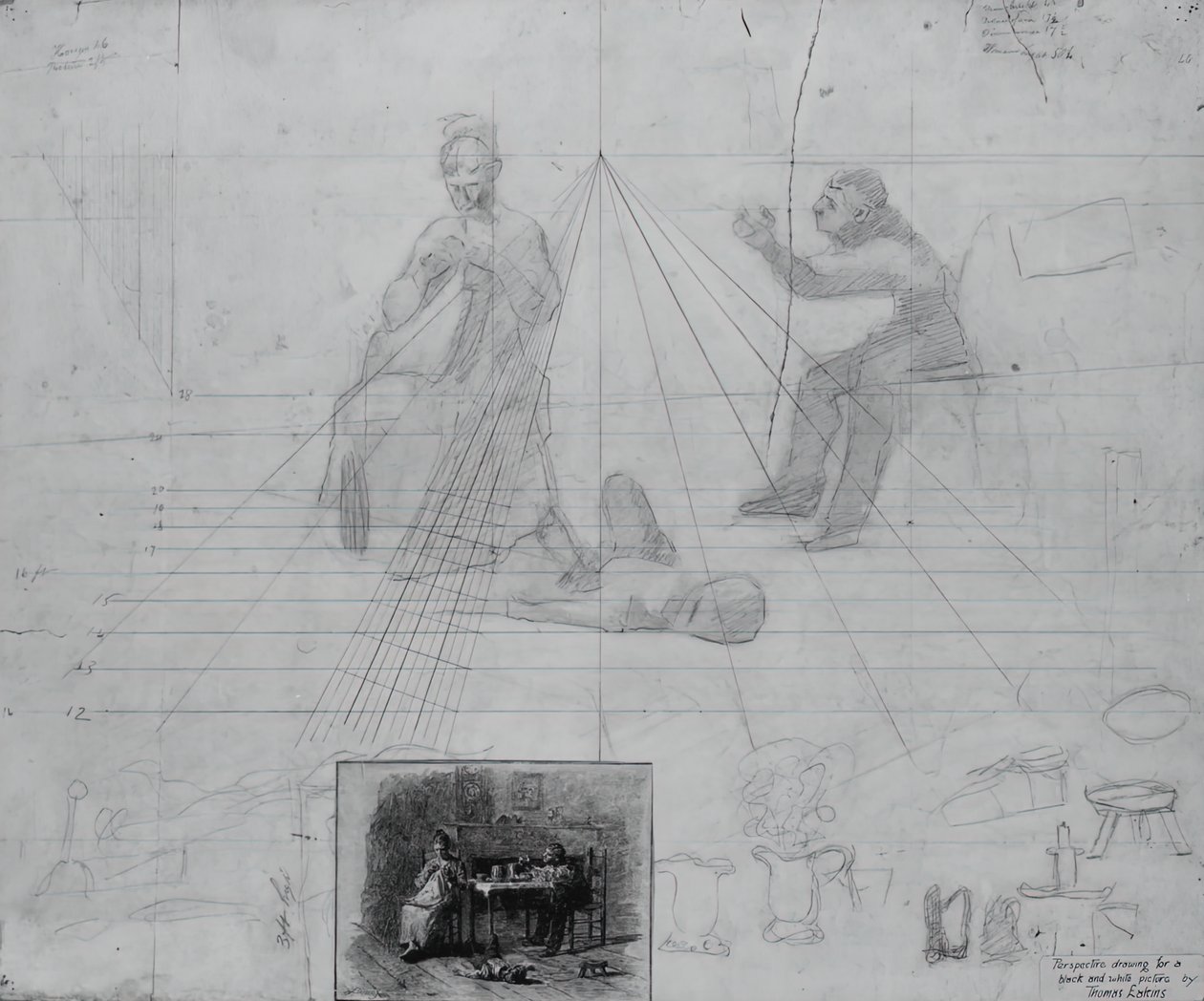 Nimetön perspektiivitutkimus lehden tarinan kuvituksesta, herra Neelus Peelerin ehdot tekijältä Thomas Eakins