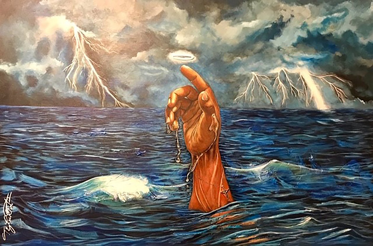 Hukkuminen Jumalan rakkauteen, 2019 (sekatekniikka kankaalle) tekijältä Thomas Elias Lockhart