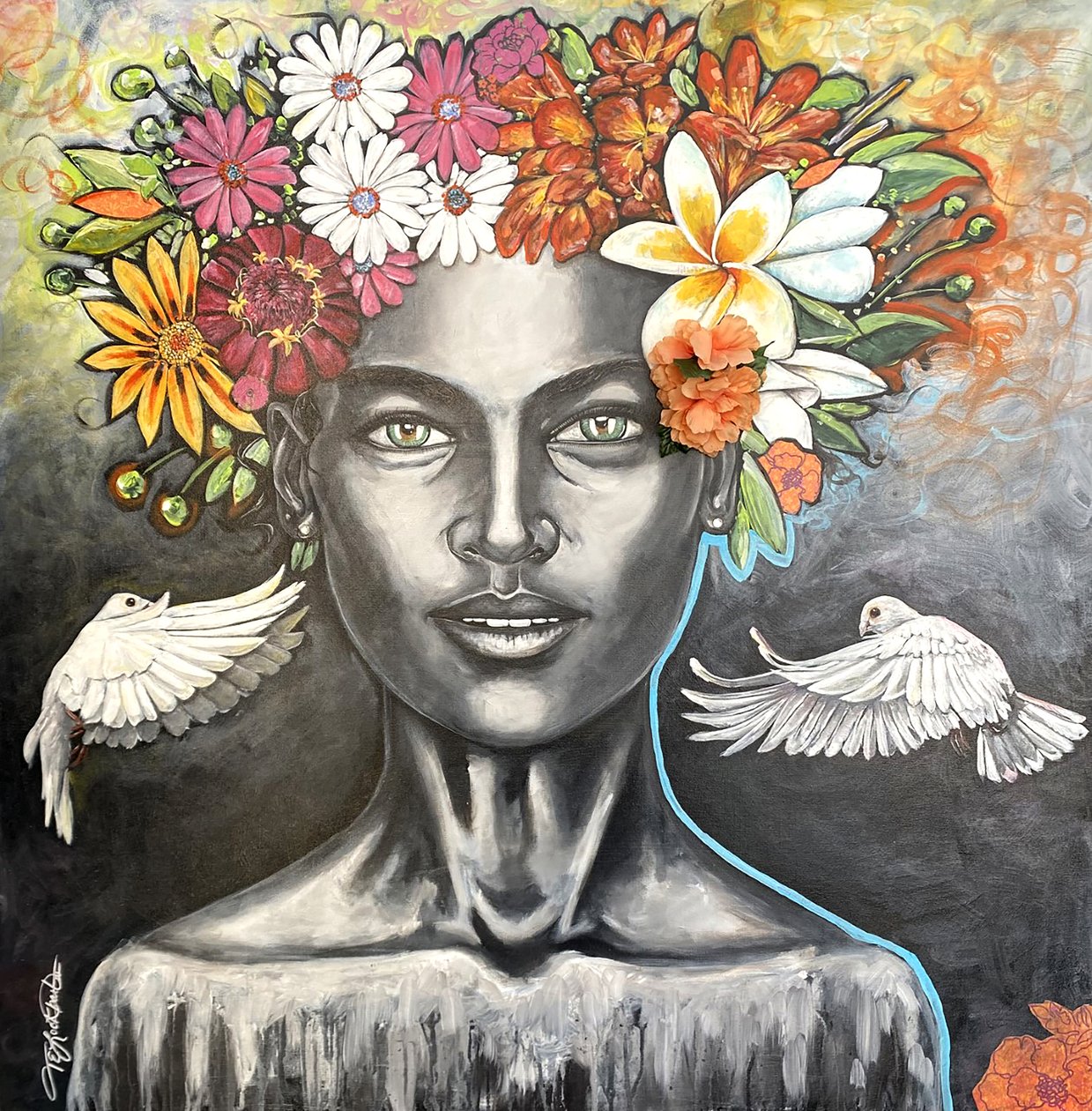 Smoking Beauty, 2018 (sekatekniikka kankaalle) tekijältä Thomas Elias Lockhart