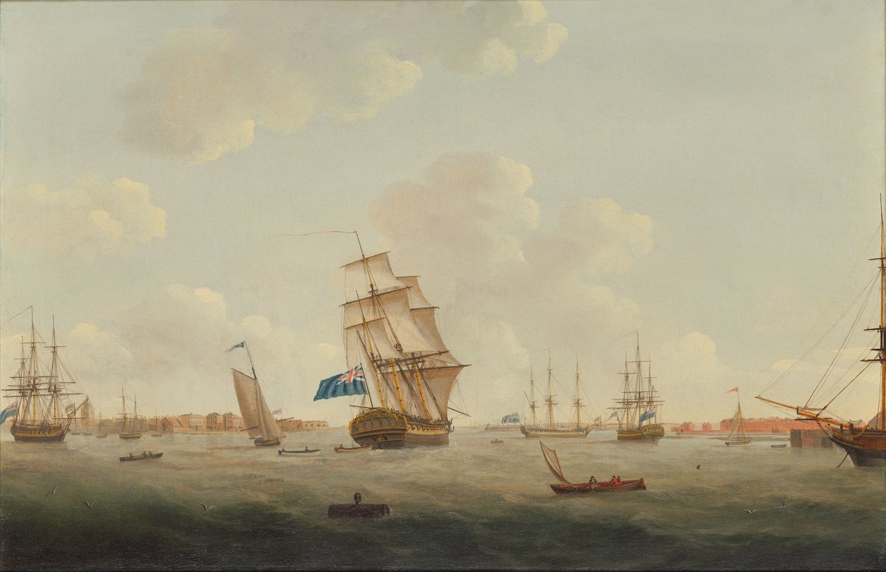 Panoraama Portsmouthin satamasta, jossa on sotamiehiä ja muuta laivaliikennettä. tekijältä Thomas Elliott