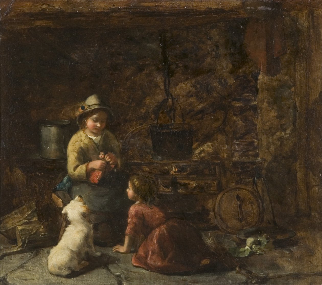Mökin sisustus kahdella lapsella, n. 1850 (öljy pahville) tekijältä Thomas Faed