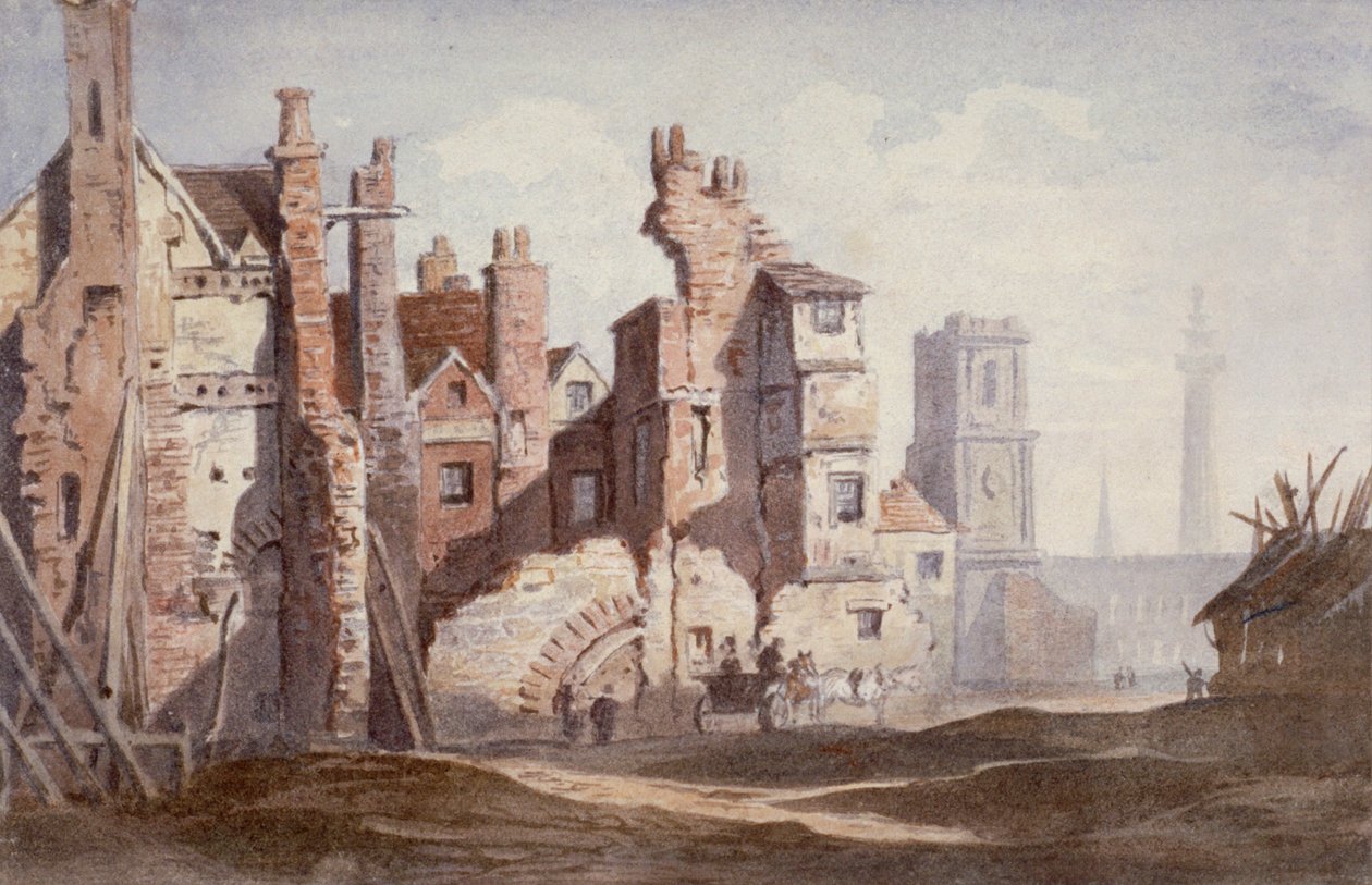 Vanhojen talojen purku lähellä Walbrookia King William Streetin tieltä Lontoon Cityssä, 1834. tekijältä Thomas Faed