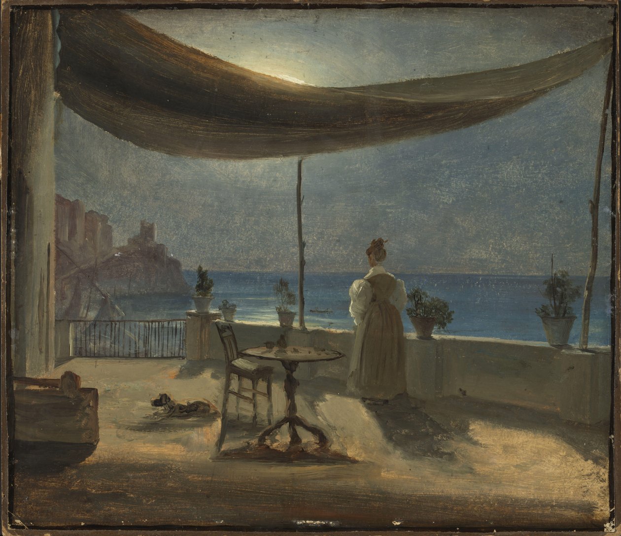 Terassi Amalfissa Moonlightissa, n. 1834 (öljy paperille asennettuna levylle) tekijältä Thomas Fearnley