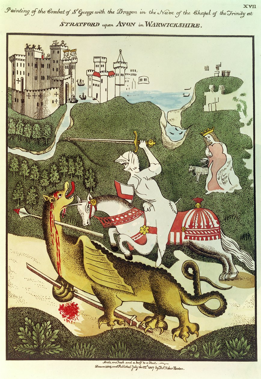 St. George and the Dragon, alkuperäisen maalauksen jälkeen kolminaisuuden kappelissa Stratford Upon Avonissa Warwickshiressä, 1804 tekijältä Thomas Fisher Hoxton