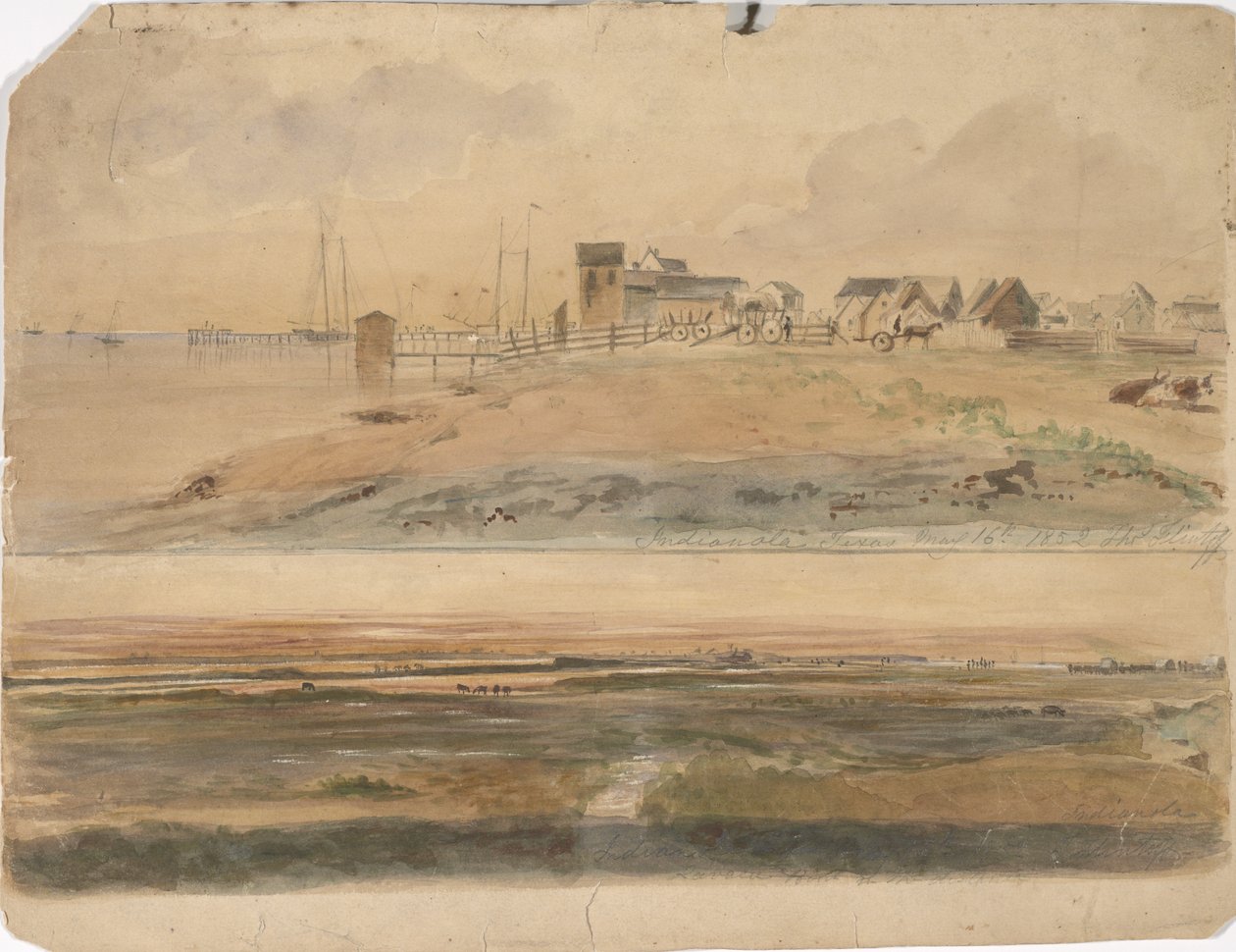 Indianola, Texas ja Indianola Lavaca Pointin kanssa etäisyydellä, 16. toukokuuta 1852 (akvarelli paperille) tekijältä Thomas Flintoff