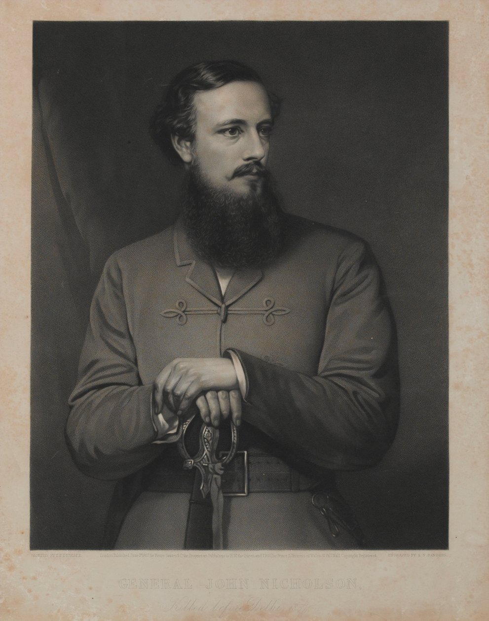 Kenraali John Nicholson, kaiverrus A.N. Saunders, julkaisija Henry Graves und Co., Lontoo, 1.6.1867 (kaiverrus sekamenetelmällä) tekijältä Thomas Francis Dicksee
