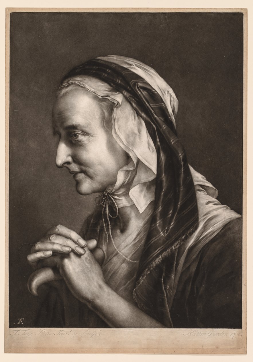 Ensimmäinen sarja luonnollisen kokoisia päitä: Mrs. Frye, 1760. tekijältä Thomas Frye
