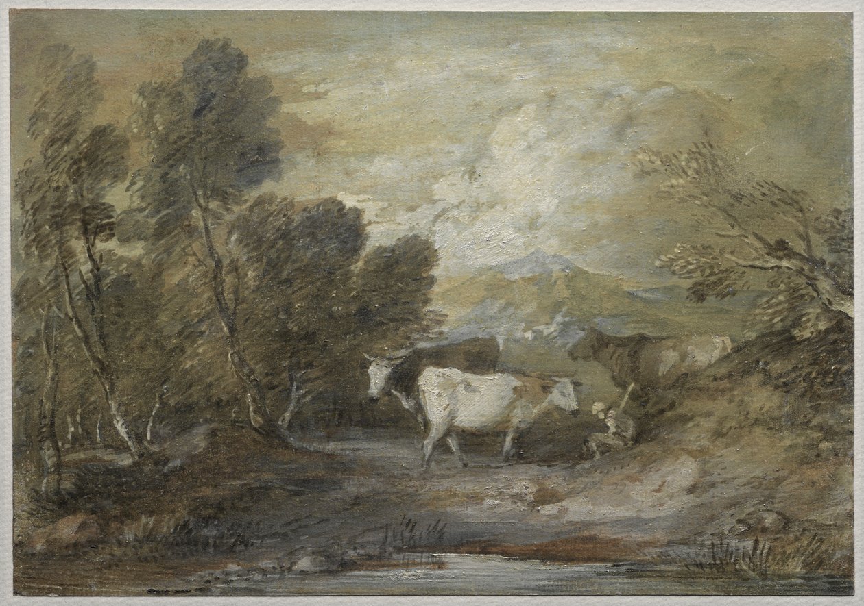 Paimen, jolla on kolme lehmää, ylämaan altaan äärellä tekijältä Thomas Gainsborough