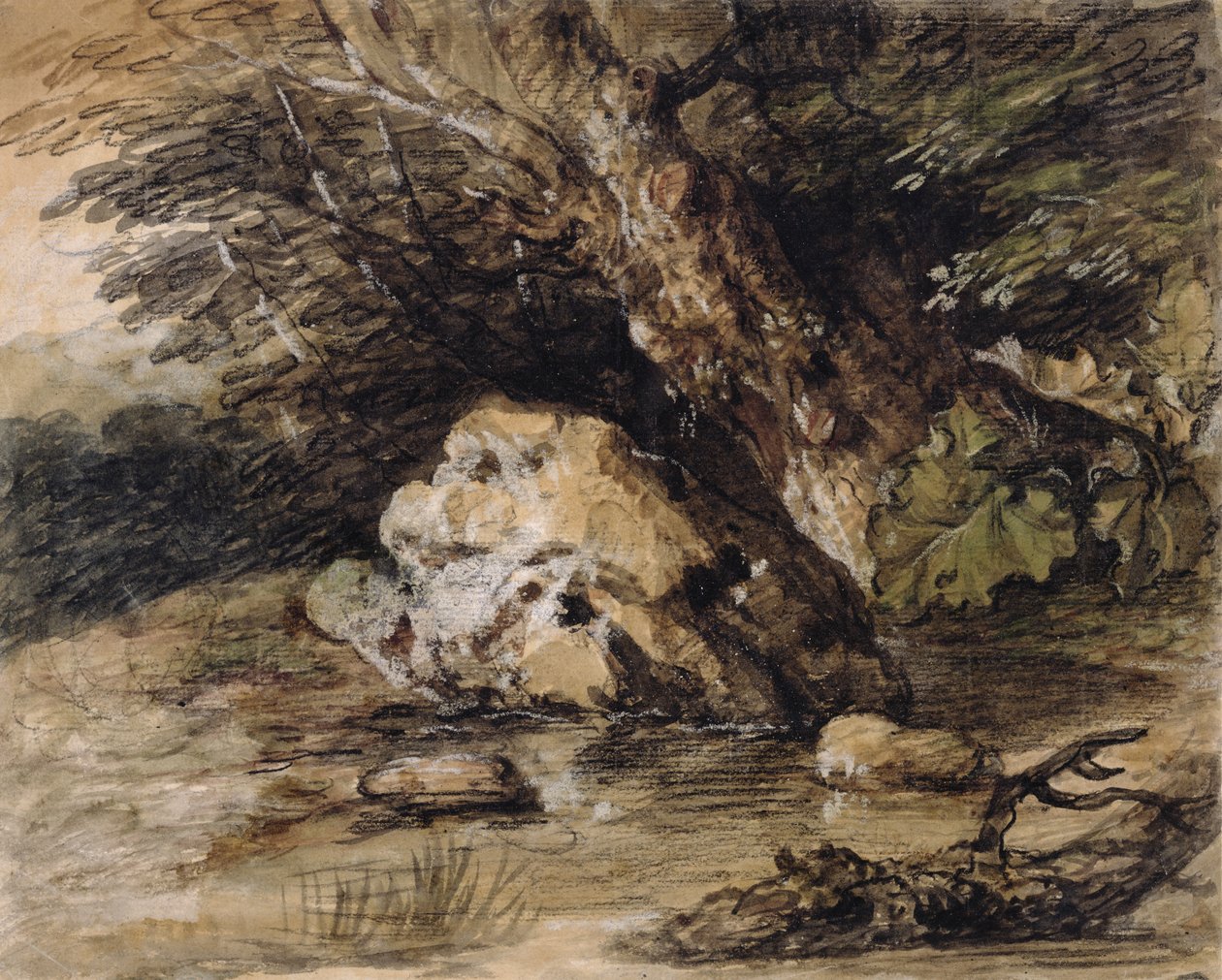 Mäkinen maisema, jossa hahmot lähestyvät siltaa, n. 1763 (wc ja guassi paperilla) tekijältä Thomas Gainsborough