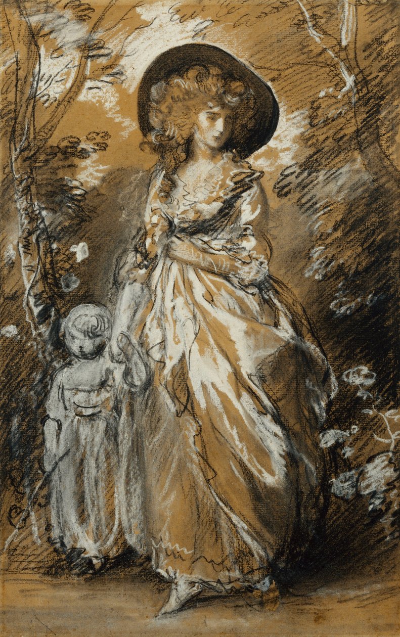 Nainen kävelee puutarhassa, seisoo koko pituudeltaan ja pitää pientä lastaan kädestä; Mahdollisesti tutkimus Richmond Water-Walkille, tekijältä Thomas Gainsborough