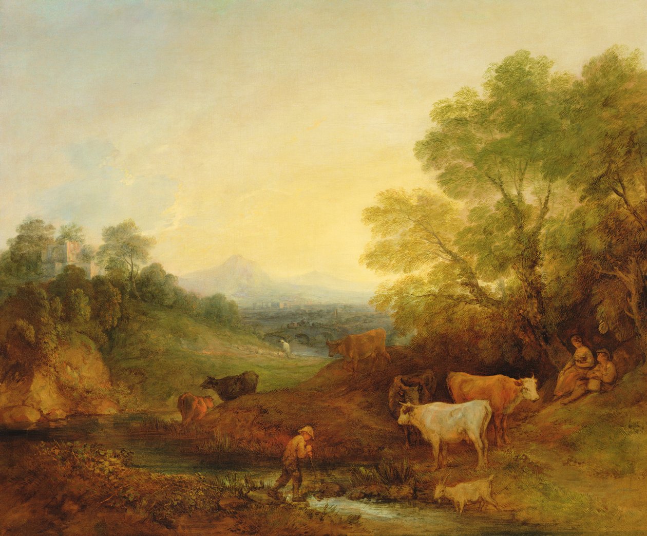 Maisema karjaa ja hahmoja puron ja kaukaisen sillan varrella, n. 1772-4 (öljy kankaalle) tekijältä Thomas Gainsborough