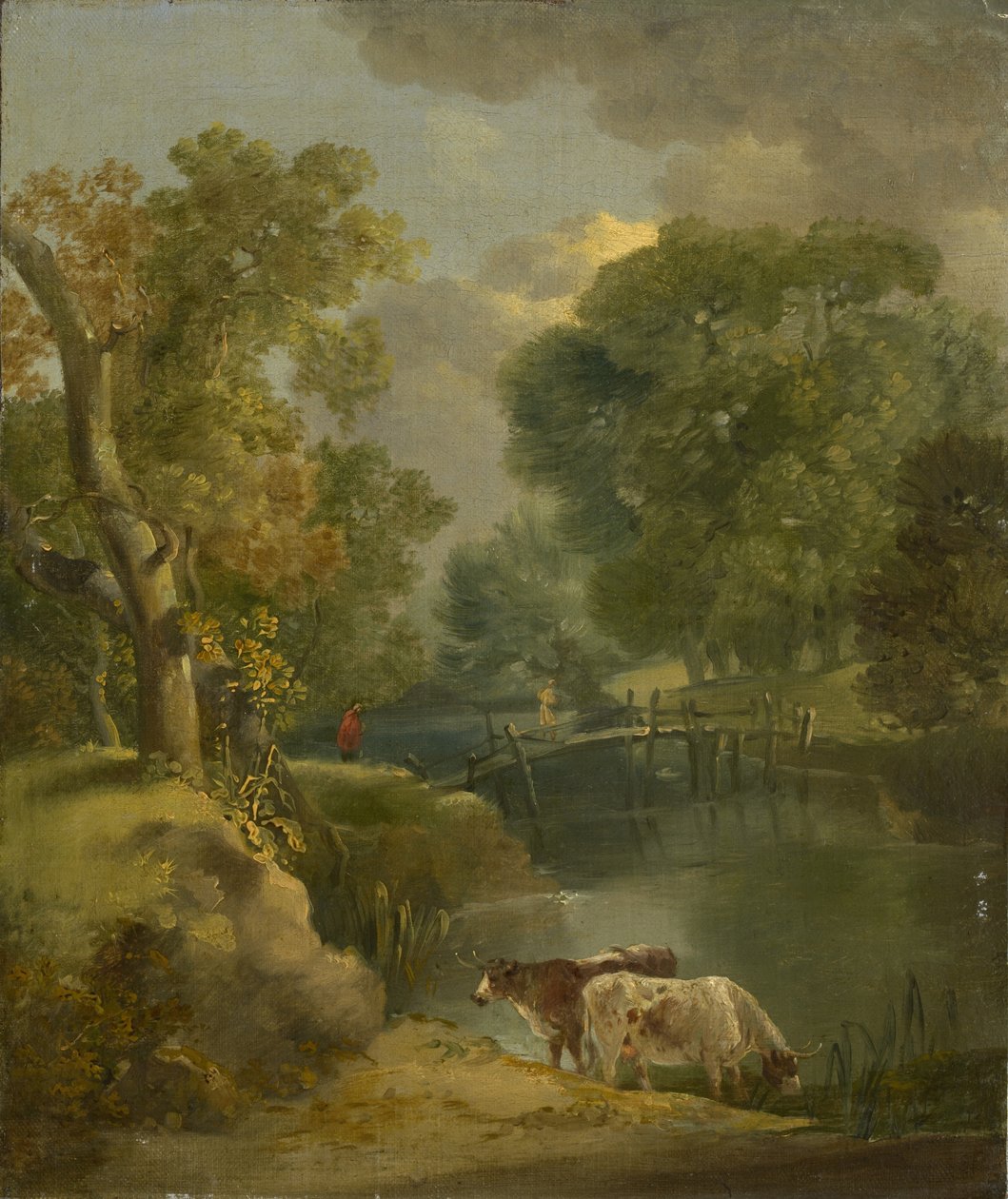 Jokimaisema, jossa on kaksi lehmää ja hahmo sillalla, 1700-luku tekijältä Thomas Gainsborough
