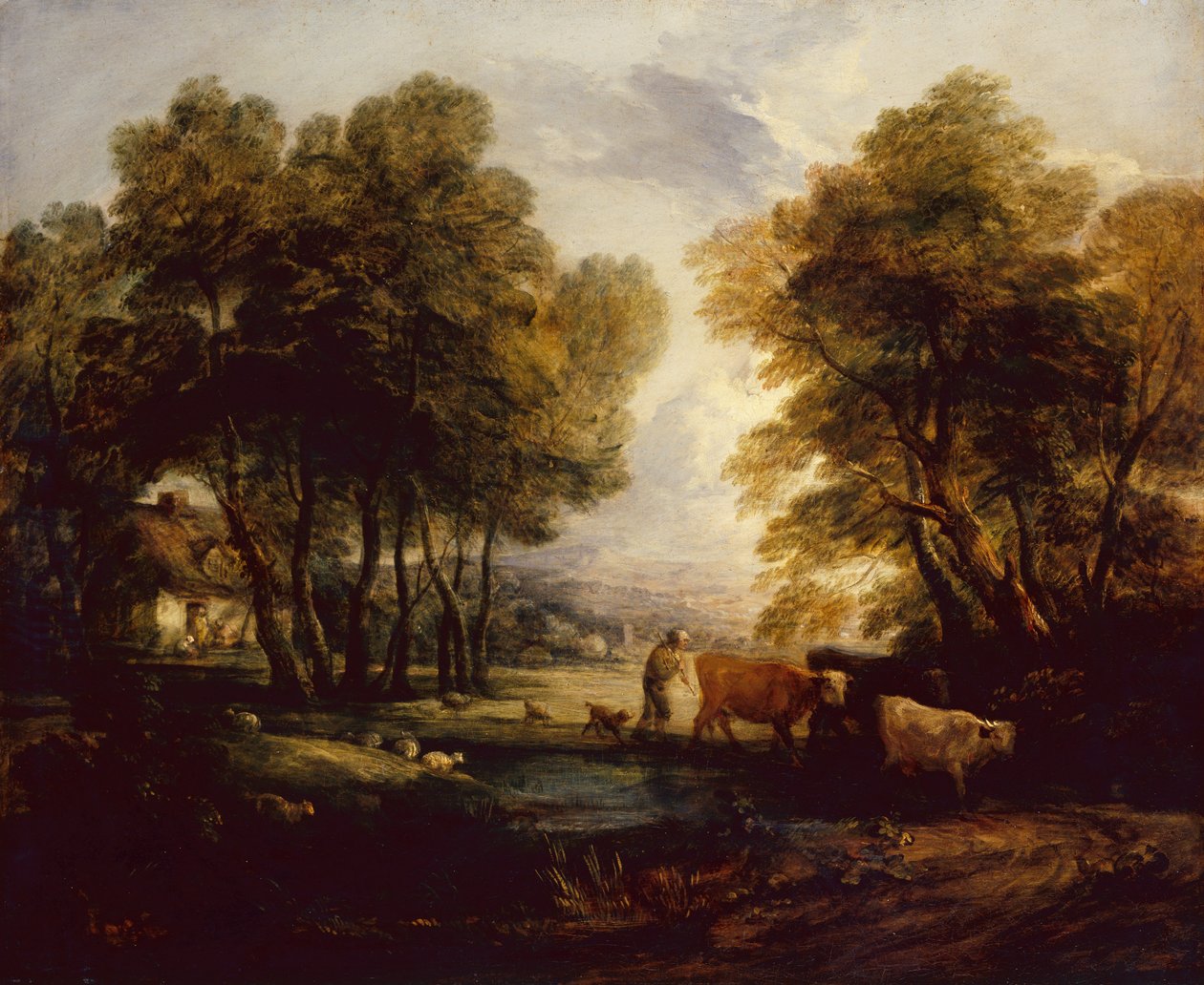 Metsäinen maisema, jossa paimen, lehmät ja lampaat lähellä uima-allasta (öljy) tekijältä Thomas Gainsborough