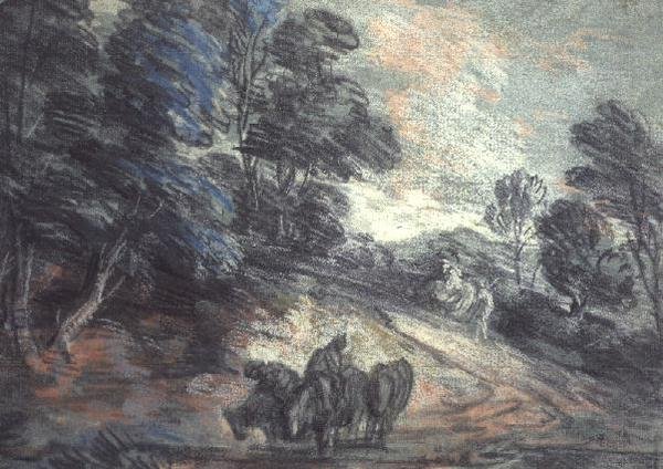 Metsäinen maisema, jossa hevoset juovat (pastelli) tekijältä Thomas Gainsborough