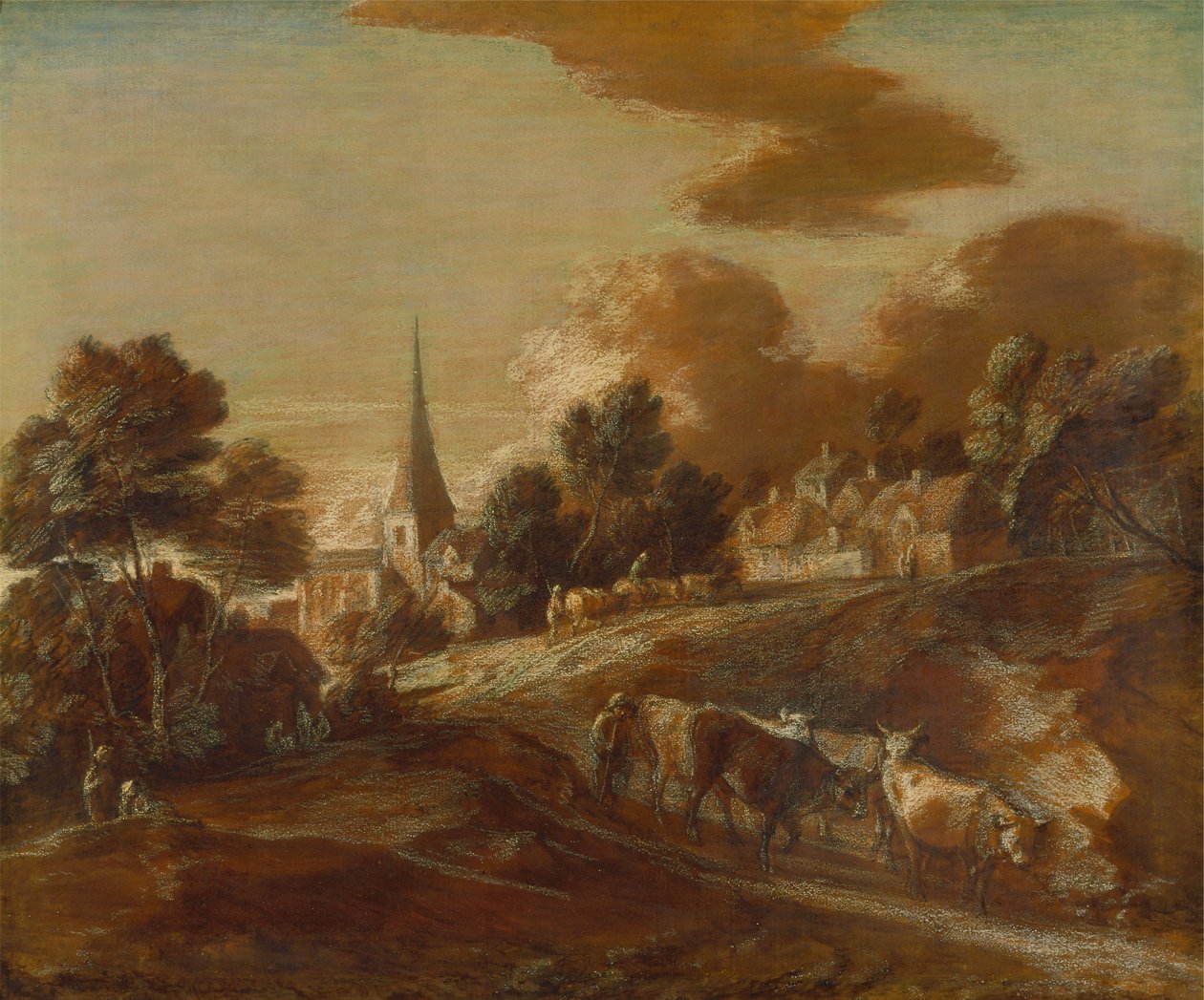 Kuvitteellinen metsäinen kylä, jossa on karjaa ja karjaa tekijältä Thomas Gainsborough