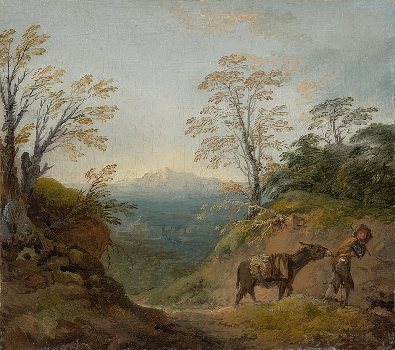 Metsäinen maisema, jossa poika johtaa aasia ja koiraa, sekä laaja panoraama rakennuksista ja kaukaisista kukkuloista. 1760-luvun alku tekijältä Thomas Gainsborough
