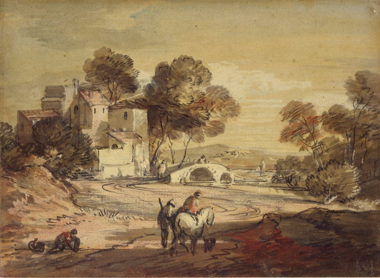 Italialainen maisema matkustajien kanssa mutkaisella tiellä, 1775-1779 tekijältä Thomas Gainsborough