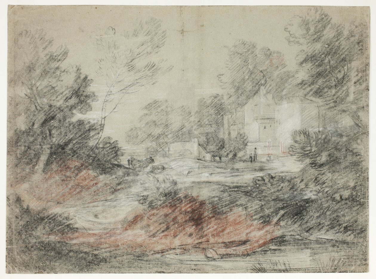 Maisema ja rakennuksia puron varrella tekijältä Thomas Gainsborough