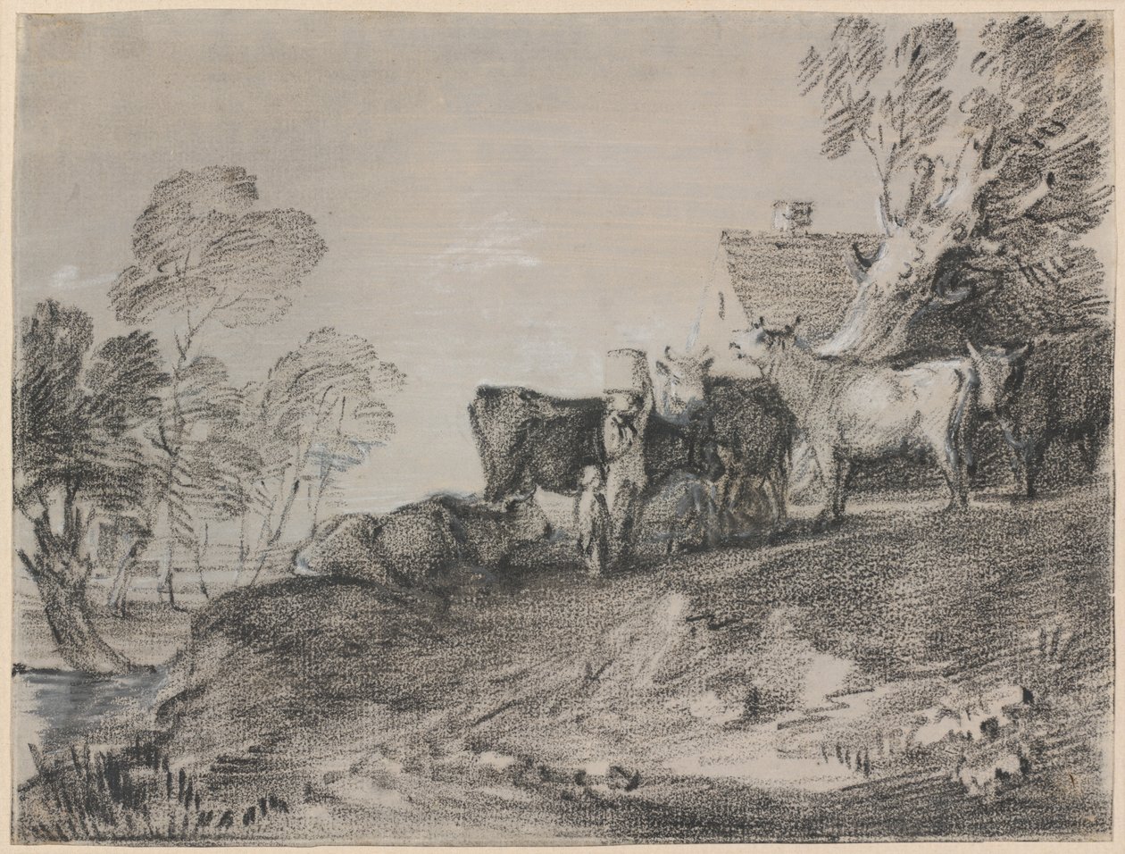 Maisema karjan kanssa mökin luona tekijältä Thomas Gainsborough