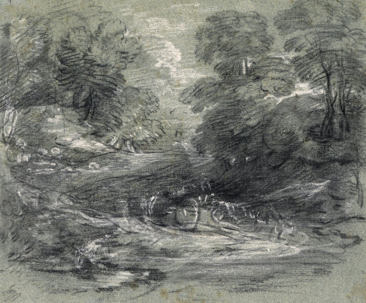 Maisema maatilan kärryllä mutkaisella radalla puiden välissä (hiili ja guassi paperilla) tekijältä Thomas Gainsborough
