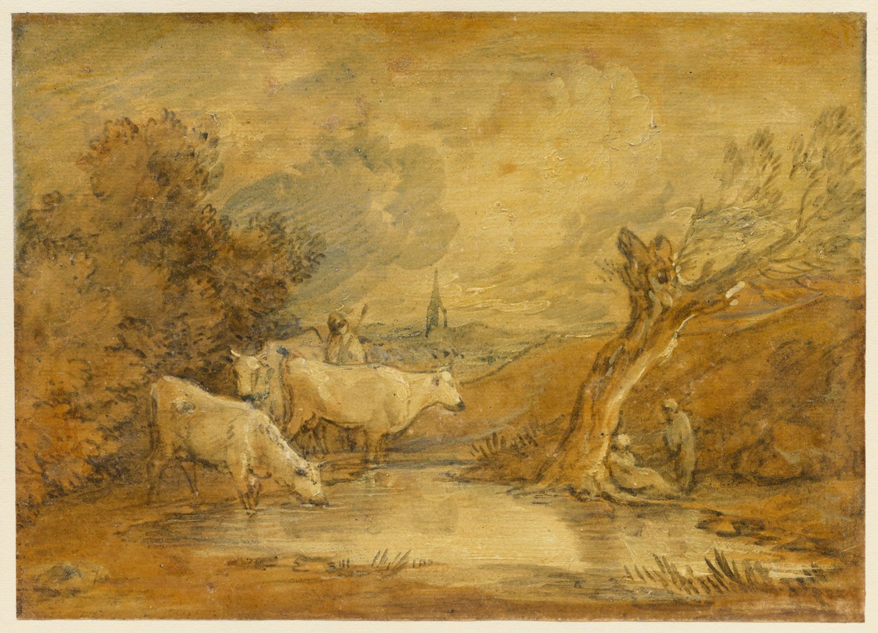 Landschaft mit Figuren, Hirte und Vieh an einem Teich, und ferne Kirche tekijältä Thomas Gainsborough