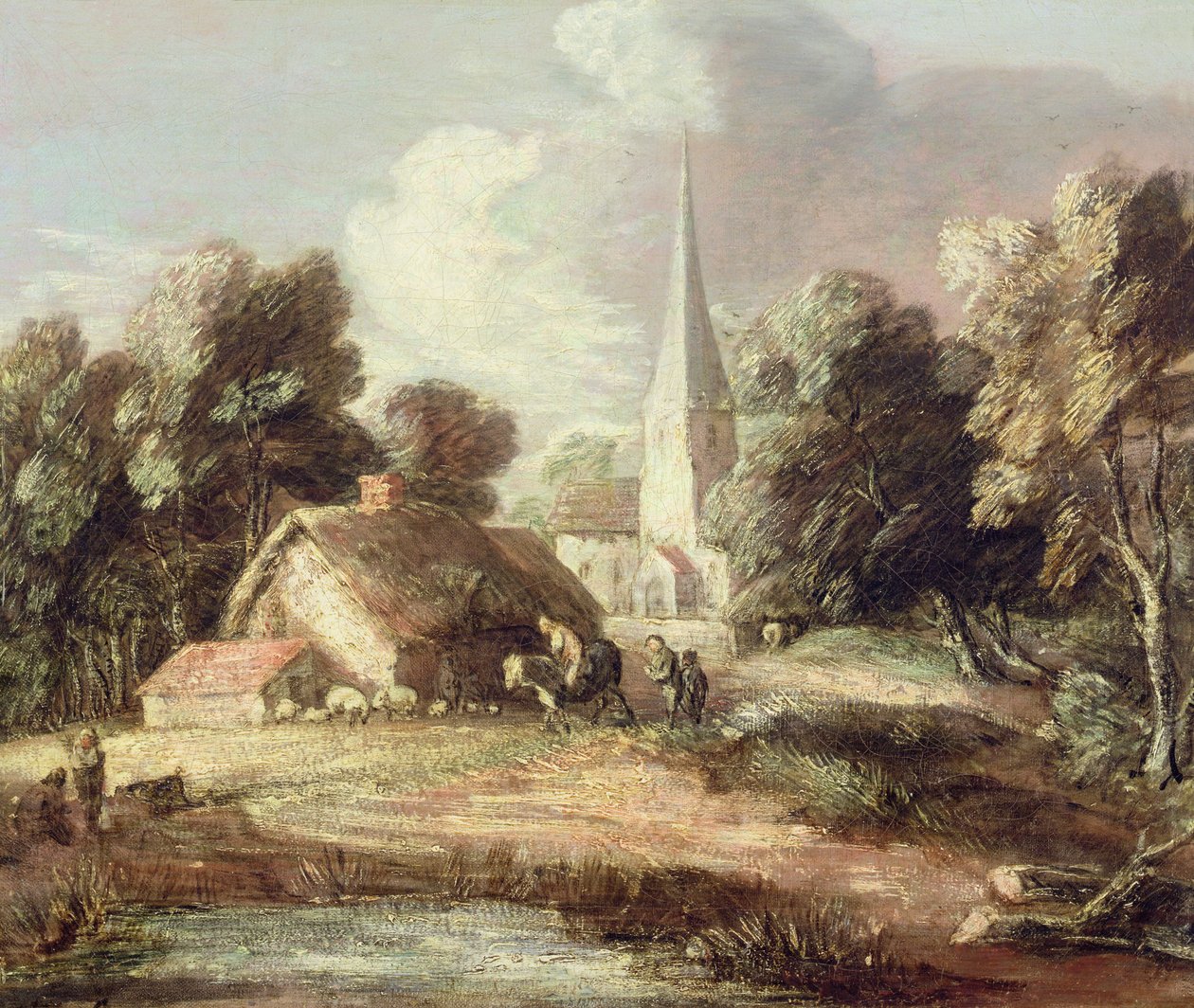 Maisema kirkon kanssa, mökki, kyläläiset ja eläimet, n. 1771-2 (öljy kankaalle mustalla liidulla) tekijältä Thomas Gainsborough