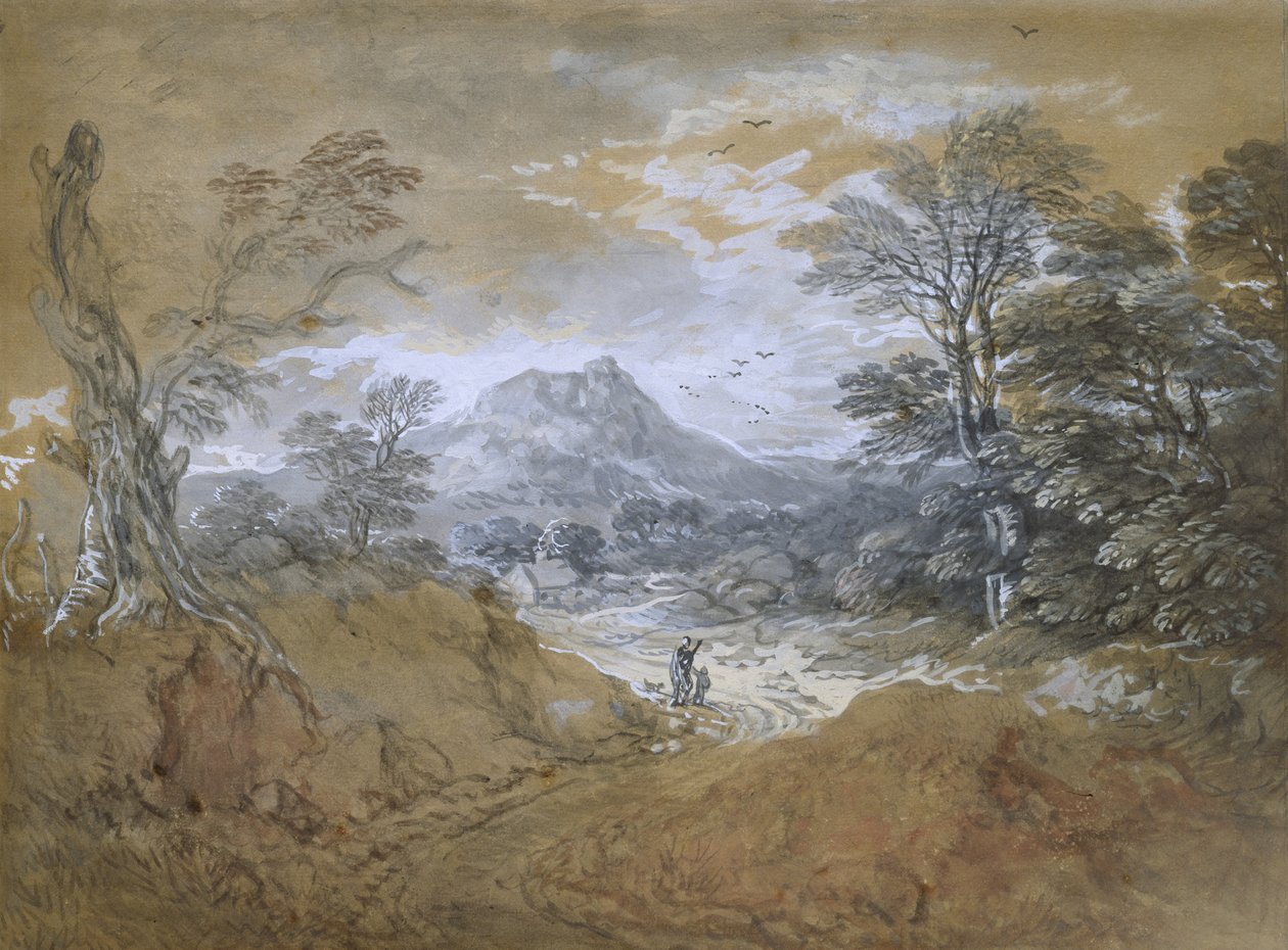 Maisema tiellä metsän reunalla, 1760-65 (akvarelli ja vartaloväri ruskealla paperilla grafiitin päällä) tekijältä Thomas Gainsborough