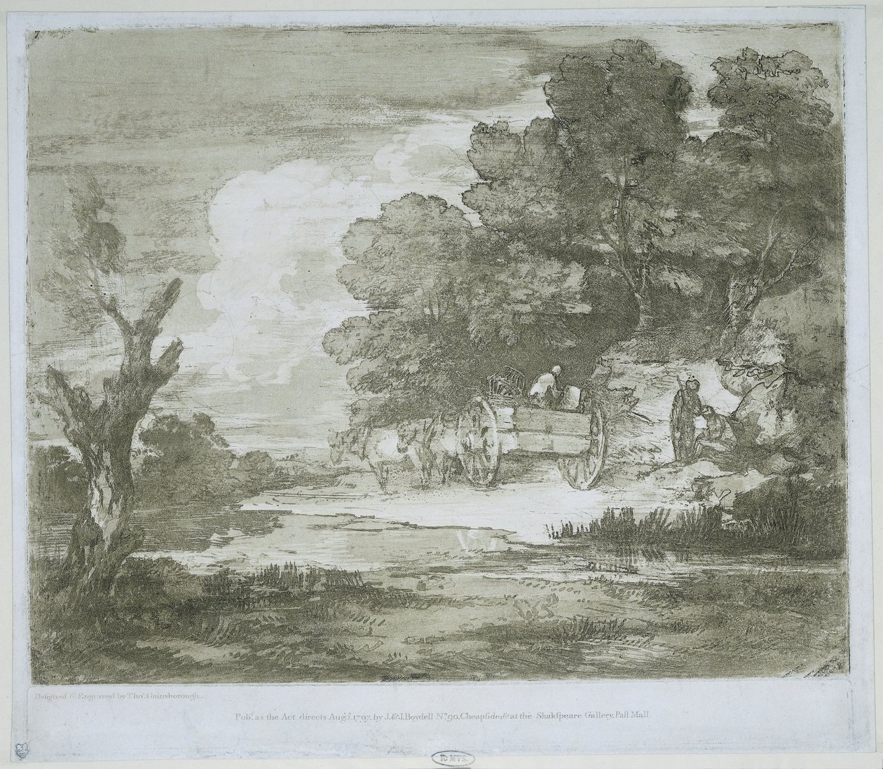 Maisema, jossa hevosten vetämä vaunu ranta- ja metsäreunaa pitkin tekijältä Thomas Gainsborough