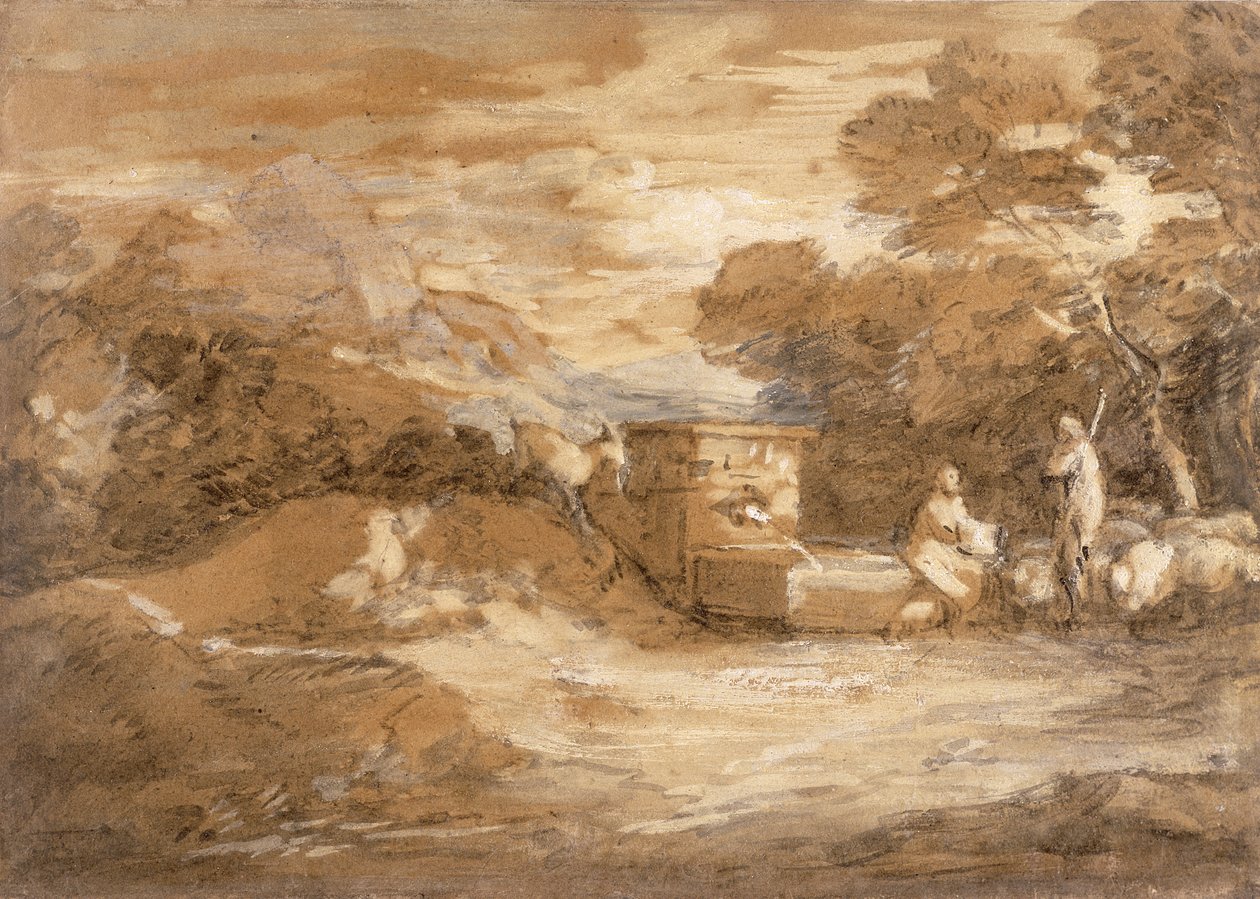 Vuoristomaisema hahmoilla, lampailla ja suihkulähteellä, n. 1785-1788 (harmaa pesuaine, öljy ja musta liitu paperille) tekijältä Thomas Gainsborough