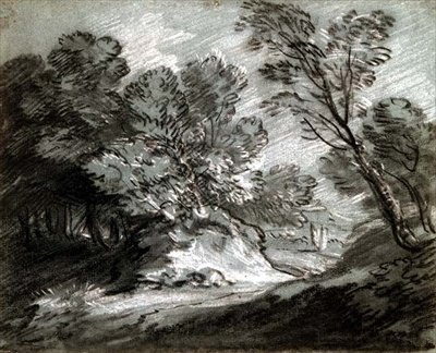 Nro 0975 Metsäinen maisema kaukaisella vuorella (liitu sinisellä paperilla) tekijältä Thomas Gainsborough